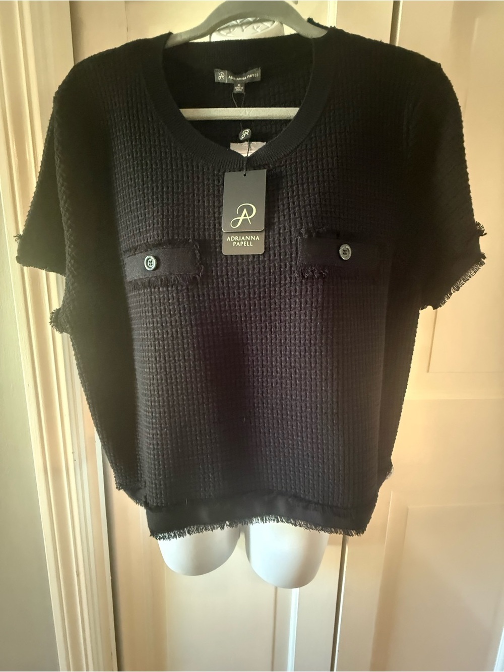 NWT Adrianna Papell Black Textured Fringe Pocket Short Sleeve Top - Picture 2 of 4